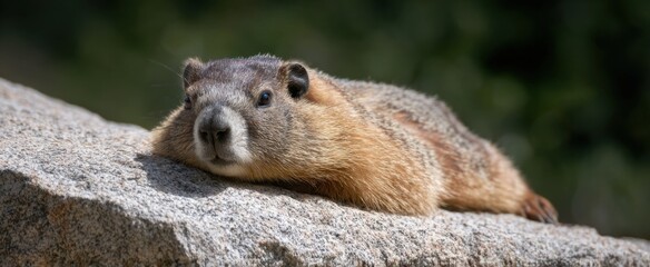 Naklejka premium Woodchuck sunbathes like a tiny stone pirate soaking up golden treasure warmth