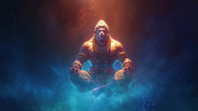 Hanuman levitating in cosmic space, surrounded by vibrant colors and ethereal light during an artistic representation