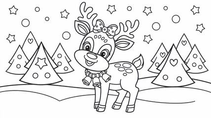 Kids Christmas coloring page featuring a cute reindeer with bells on its neck and a festive bow. Thin black contour with simple clear outlines and many small decorative details. Black and white printa