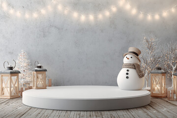 Winter scene with a snowman on a white podium surrounded by Christmas decorations and warm lanterns