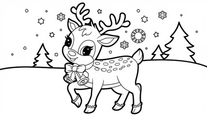 Kids Christmas coloring page featuring a cute reindeer with bells on its neck and a festive bow. Thin black contour with simple clear outlines and many small decorative details. Black and white printa