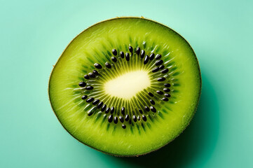 A close-up studio shot captures the vibrant green flesh and radial black seeds of a freshly sliced kiwi fruit on a solid teal surface.