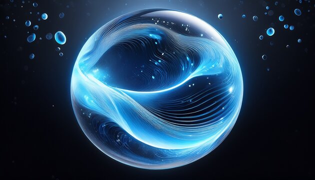 glowing blue orb liquid energy translucent orb shaped particle effect immersed in a liquid flow isolated on a black and white background perfect to add layer overlay add screen blend mode