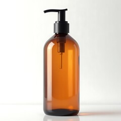 Amber Bottle with Black Pump on White Background, Modern Minimalist