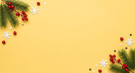 Festive christmas flat lay with green fir branches, red berries, and white snowflakes on a yellow background, ideal for holiday season
