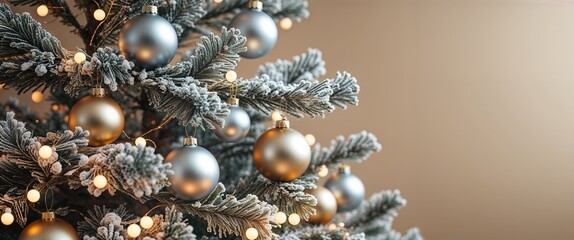 Close Up on Frosted Fir Branches Dressed with Spherical Ornaments and Glowing Lights Against Beige Background Revealing Textural Details and Festive Mood in Studio Shot