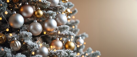 Close Up of Silver and Gold Christmas Ornaments Hanging on Flocked Tree Lit with String Lights with a Beige Background to Add Text and Provide Winter Season Feeling