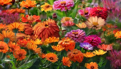 multicolored zinnia and calendula flowers in full bloom
