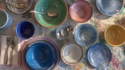 Colorful ceramic bowls and plates arranged on a patterned tablecloth for dining art