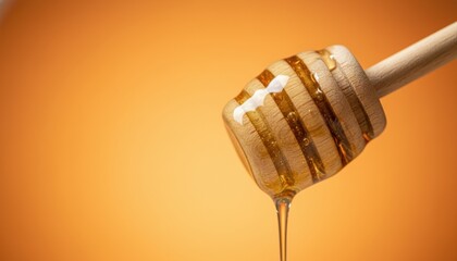 Wooden honey dipper spoon with grooves is covered in sweet viscous amber honey dripping slowly on a warm orange gradient background in a studio macro shot