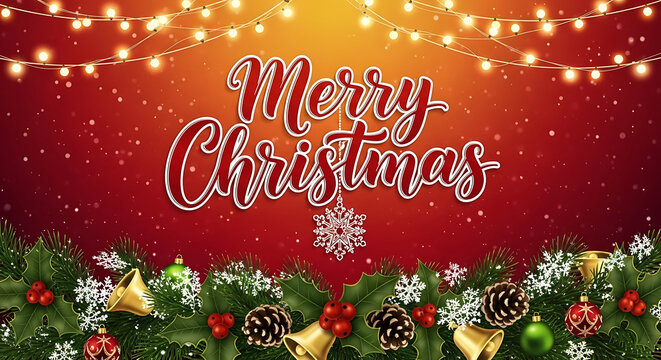 Merry christmas greeting background with sparkling lights, pine branches, golden bells, and festive ornaments on a vibrant red backdrop