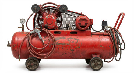 Red compressor with a hose attached to it. The hose is connected to a red nozzle. The compressor is old and rusty