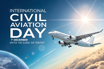 International Civil Aviation Day soars high—celebrate global air transport unity with a bright sky, flying jet, and Earth below on December 7. generative ai