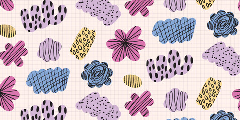 Seamless childlike pattern with abstract playful blobs and flowers in crayon scribble style on grid paper. Cute and fun design for kids posters, textile and wrapping