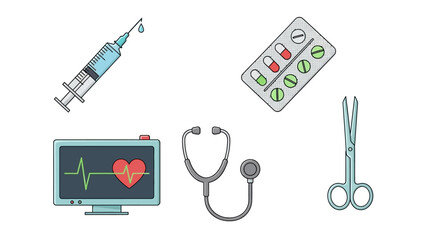 Medical tools and equipment: syringe, pills, monitor, stethoscope, scissors.