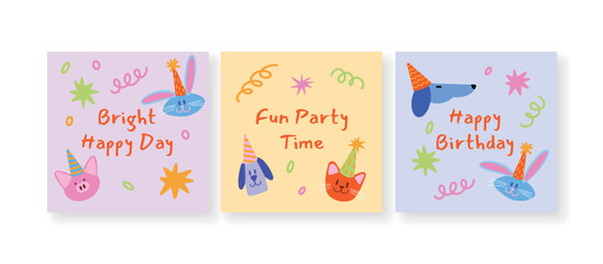 Set of bright and cheerful greeting cards for kids party. Cute animals in party hats with colorful confetti, spirals and festive messages. Ideal for birthday and celebration.
