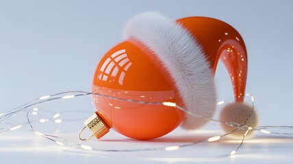 Orange Christmas bauble with Santa hat and lights ornament