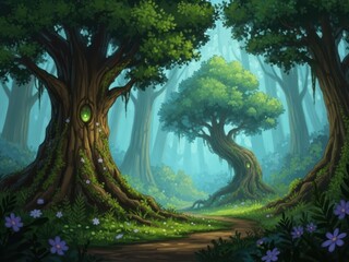 Magical forest with glowing tree and path leading through the woods isolated on white background