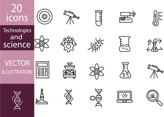  Science line icons. Laboratory equipment physics chemical biology research