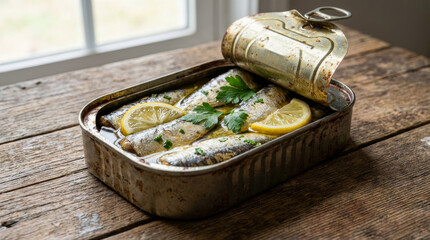 Can of food with a lid on it. The lid is open. The food inside the can is fish and lemon