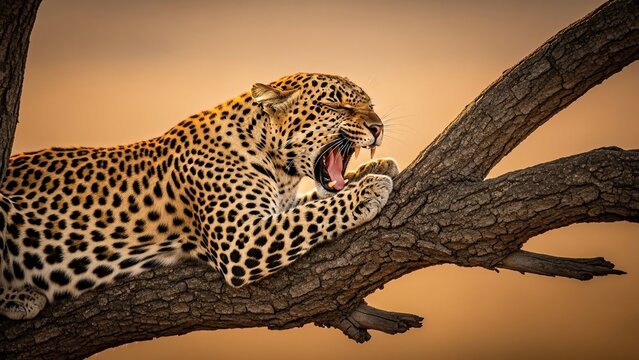 A powerful leopard with spotted fur yawns widely while resting on a thick tree branch against a warm, soft orange sky at dusk.