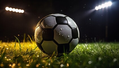 striking view of a wet soccer ball illuminated against a dark background during a late night football practice session