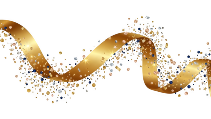 Elegant golden ribbon swirling dynamically across a transparent background, scattering shiny confetti and glitter for a festive celebration or luxurious event design element
