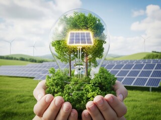 Sustainable energy concept with solar panel in light bulb on green field