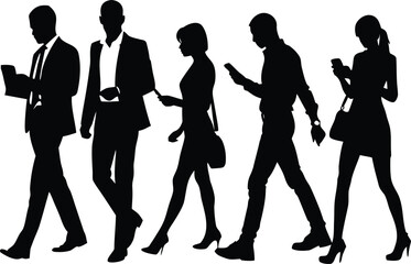 people walking, standing, using phone, office attire, male and female poses, casual business postures silhouette vector illustration