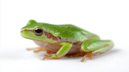 Fototapeta premium Bright green frog sitting on white background showcasing its vibrant colors and features