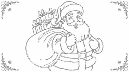 Children’s Christmas coloring page featuring a smiling Santa Claus with a large bag full of gifts. Thin black line art with simple clear contours and many decorative details for careful coloring. Blac