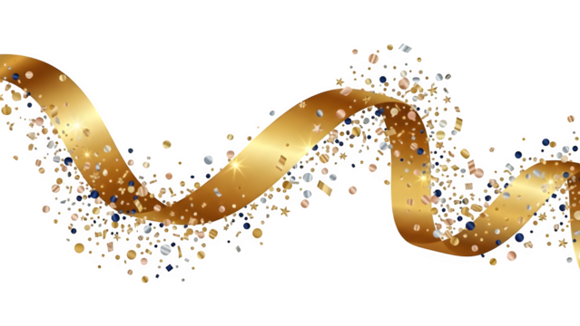 Elegant golden ribbon swirling dynamically across a transparent background, scattering shiny confetti and glitter for a festive celebration or luxurious event design element - Powered by Adobe