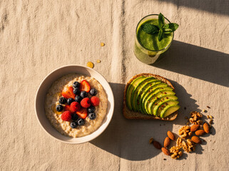 Exquisite Healthy Breakfast Flat Lay Golden Hour