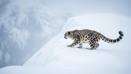 A majestic snow leopard walks gracefully on a pristine, snow-covered mountain ridge in a cold, wintry landscape.