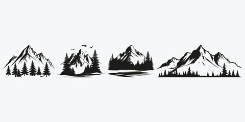 Wilderness mountain with forest silhouette sketch illustration vector set