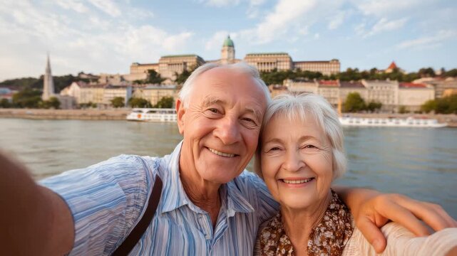 Elderly couple enjoys a joyful moment by the river in Budapest during a sunny afternoon