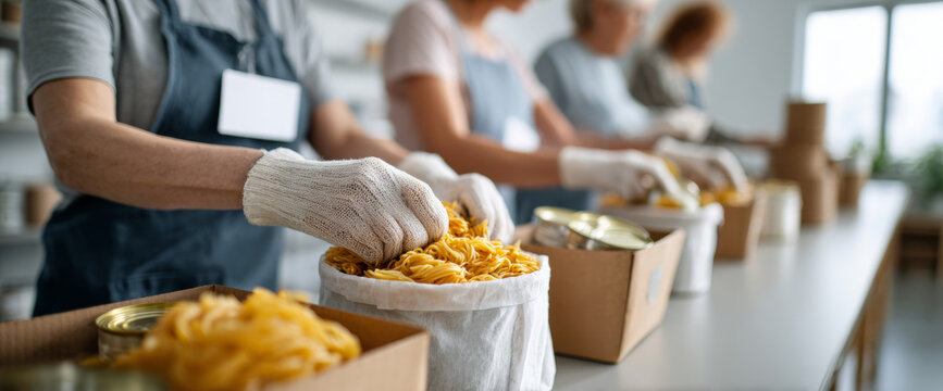 Volunteers packing food donations including pasta and canned goods in a bright community center for charity support and distribution