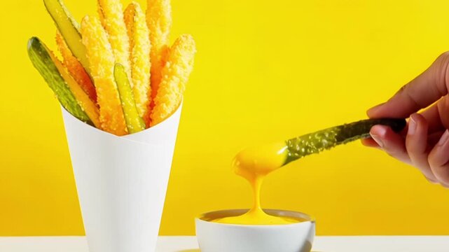 Crunchy Pickles In Bold Yellow Scene Being Dipped In Cheese Sauce. Great For Snack Ads, Bold Food Branding, Trendy Packaging, And Modern Fast-Food Inspired Social Media Content