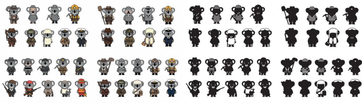 Koala characters in various costumes with transparent background