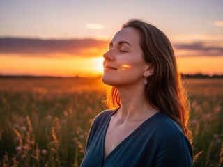 Young woman enjoying the sunset in a field, feeling the warmth of the sun