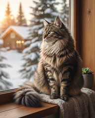 Norwegian forest cat sitting on the window sill