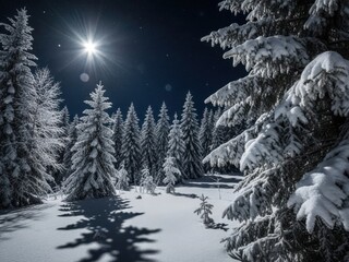 Majestic winter landscape with snowy fir trees and bright star at night