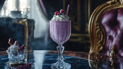 A crystal goblet filled with a shimmering milkshake on an opulent table