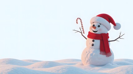 Smiling snowman in red hat and scarf holds candy cane