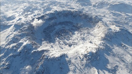 Aerial view of massive snowy impact crater.