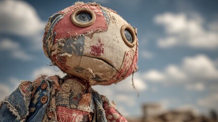 Close-up of handmade ragdoll with button eyes.