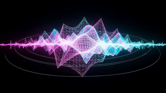 Abstract glowing pink and blue sound waves or audio equalizer visualization on a dark background.