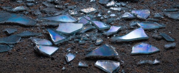 Fragments of shattered reflective glass evoke raw pain and fragile brokenness on the surface