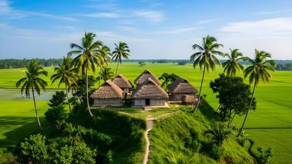 Obraz premium Tranquil Tropical Village: An aerial perspective reveals a charming cluster of traditional huts nestled amidst lush green rice paddies, embraced by towering palm trees under a bright blue sky.