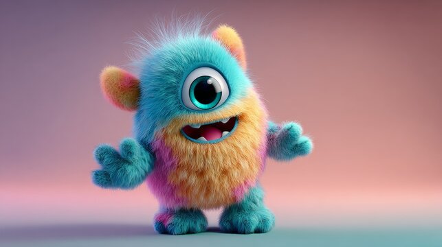 Adorable one-eyed furry creature smiling happily